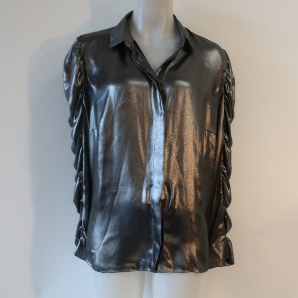 Womens Akris Punto Metallic Gunmetal Ruched Puff Sleeve Blouse Shirt Top 14